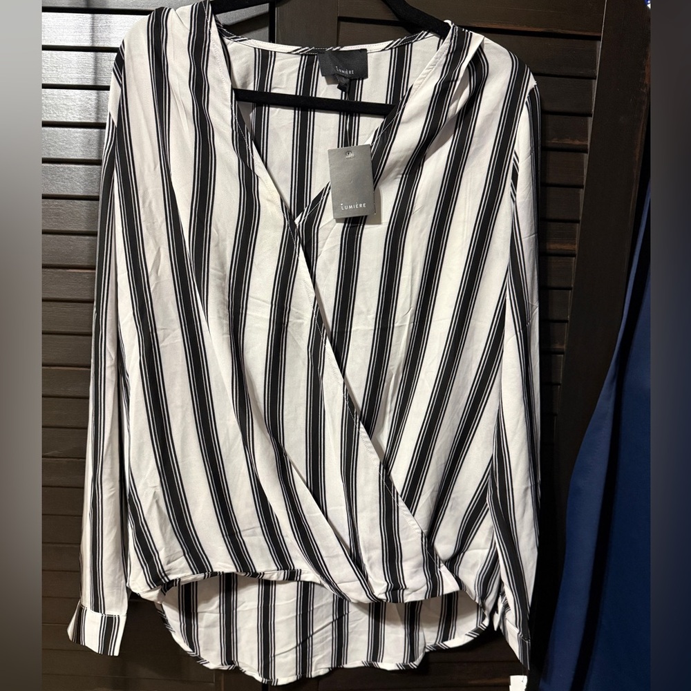 Lumiere Womens Black White Vertical Stripe Wrap Blouse Size L NWT